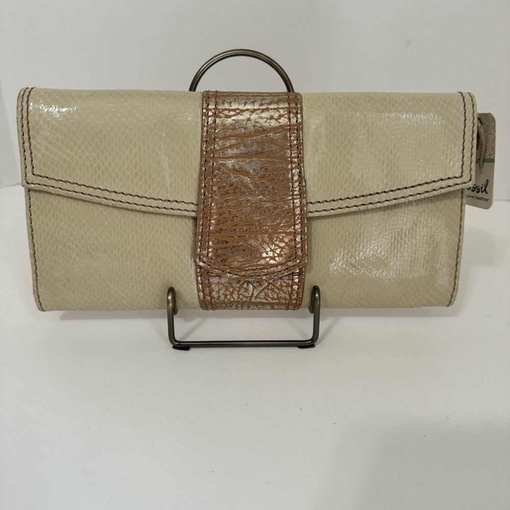 Fossil SL9966 Bone Cream Leather Clutch Wallet Bronze Python Print Organizer NWT